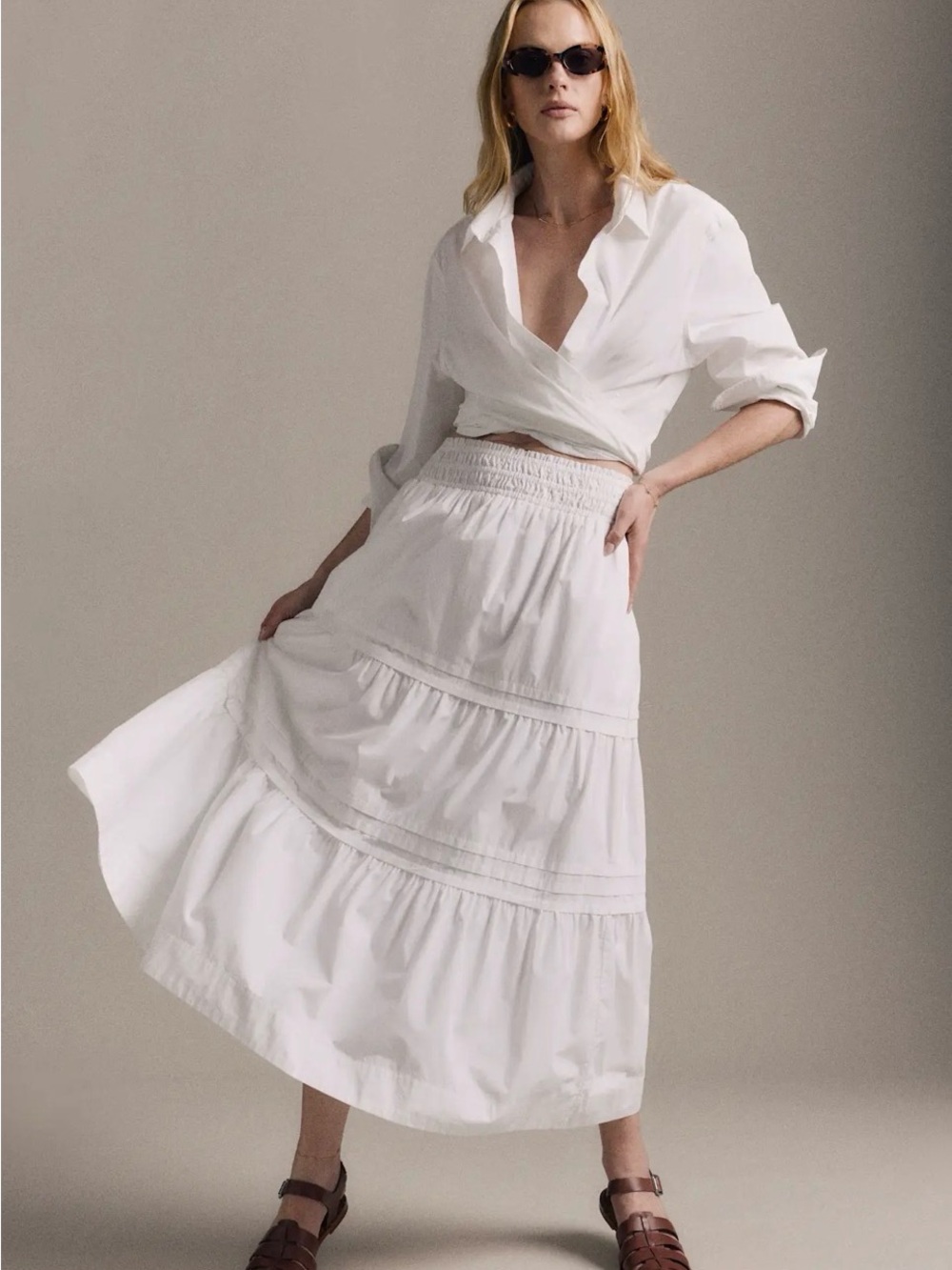 Quince White Tiered Midi Skirt - Breezy A-Line Silhouette
